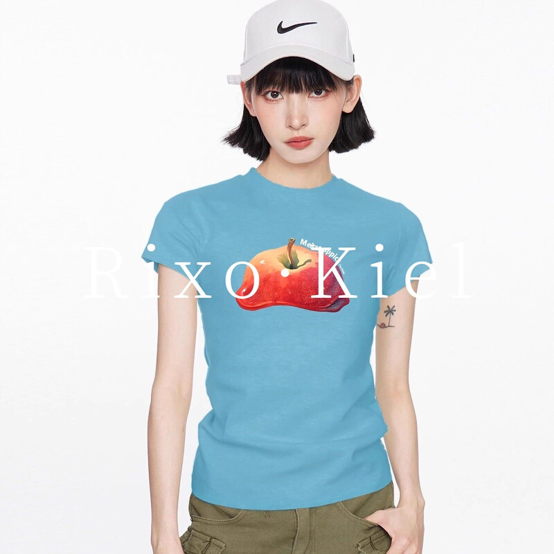 French Rixo Kiel Blue Printed Round Neck Short-Sleeved T-Shirt for Women, Summer Slim Fit Short Top