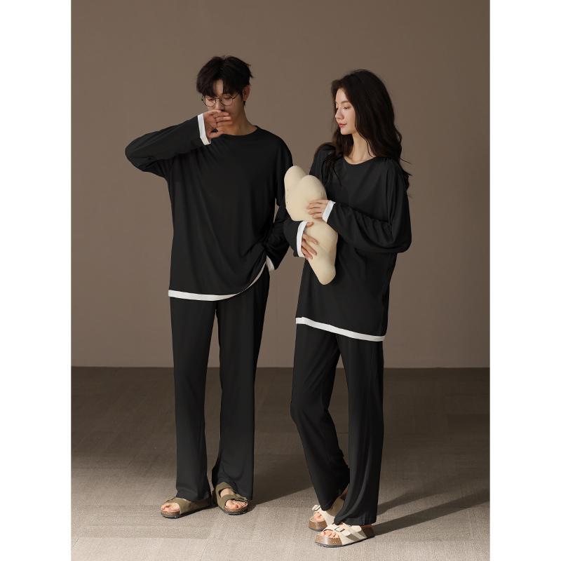 [Super Soft] Modal Couple Pajamas Spring and Autumn Long Sleeve Solid Color Casual Set One for Men and One for Women Homewear