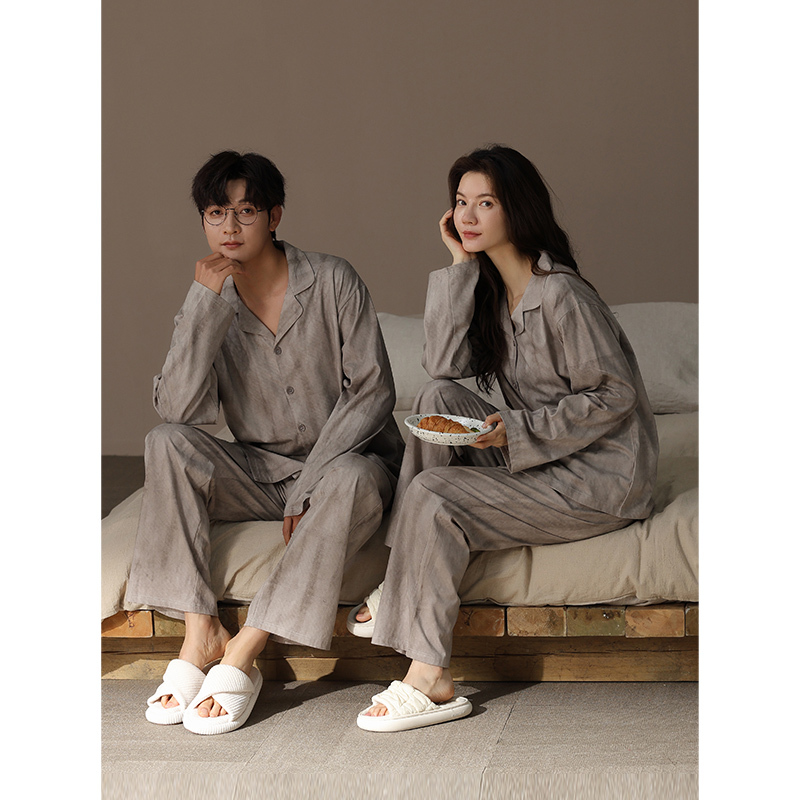 New Couple Pajamas for Spring and Autumn, Pure Cotton Long-Sleeved Casual Cardigan, Men's and Women's Suits That Can Be Worn Outside, Autumn and Winter Home Clothes
