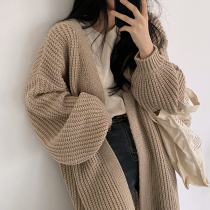 2021 new autumn retro loose wear long pregnant woman sweater women's coat lazy wind lantern sleeve cardigan