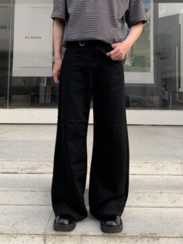 Hope Shop Four-Season Black Retro Loose Straight-Leg Jeans for Men, Versatile Casual Wide-Leg Floor-Length Pants