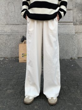 Hopeshop Korean Style Elastic Waist White Loose Straight Drape Wide-Leg Floor-Length Casual Suit Pants Long Trousers for Men
