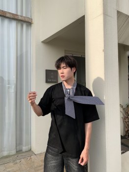 Hope Shop Korean Style Summer Tie Patchwork Short-Sleeved T-Shirt Men's Loose Casual Versatile Loose Polo Shirt Top