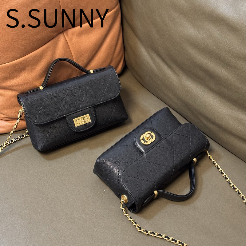 New Style Chanel-Inspired Quilted Caviar Chain Bag with Leather Handle, Flap, and Crossbody Strap, Fashionable Women's Handbag