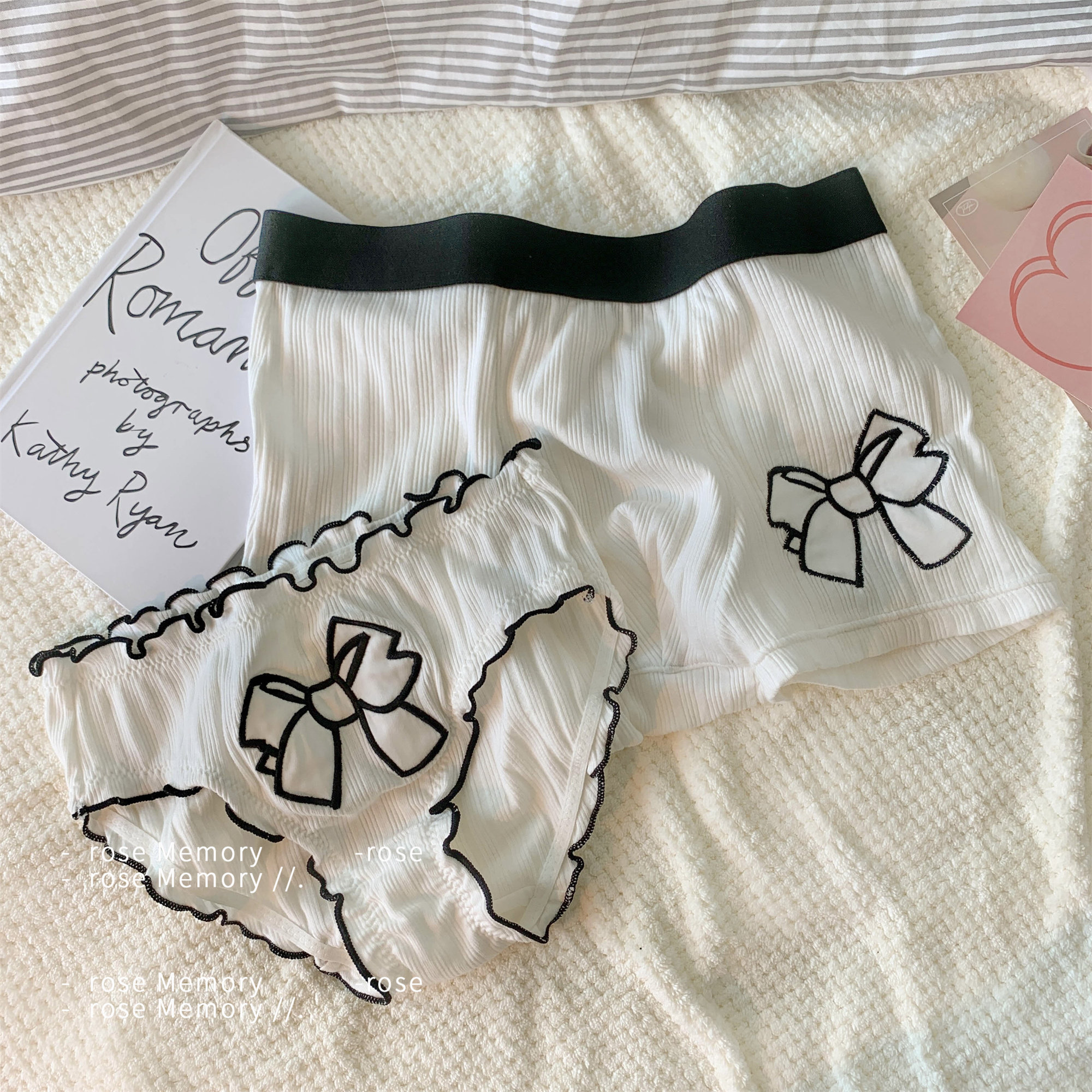 Rosememory couple underwear lovers men and women double plaid lace edge antibacterial breathable pure cotton file