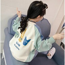 Girl Spring Clothing Foreign Air Sweater Little Girl Spring Autumn New CUHK Child Splicing Jacket Primary And Middle School Students Splicing Blouses
