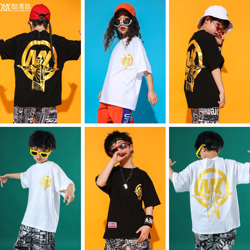 Boys short-sleeved hip-hop loose T-shirt girls jazz dance Korean version tops children hipop hip hop performance costume summer