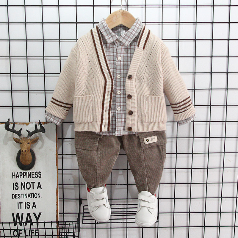 Men's baby sweater suit children's foreign school spring 2021 spring and autumn new boys sweater plaid three-piece set tide