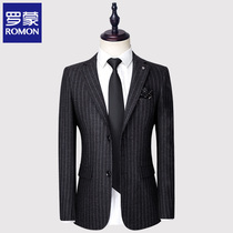 Romon vertical stripe slim-fit suit suit Mens professional wear Business single-breasted suit Groom wedding dress