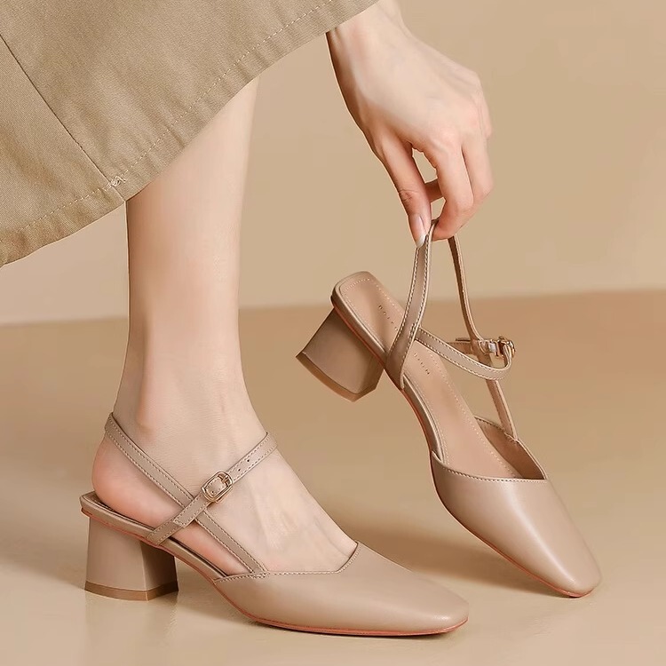 Nude-Colored Closed-Toe Thick-Heeled Sandals for Women, 2026 Summer New French-Style Square-Toe High-Heeled Shoes with Mid-Heel and Open Back Nude-Colored Closed-Toe Thick-Heeled Sandals for Women, 2026 Summer New French-Style Square-Toe High-Heeled Shoes with Mid-Heel and Open Back