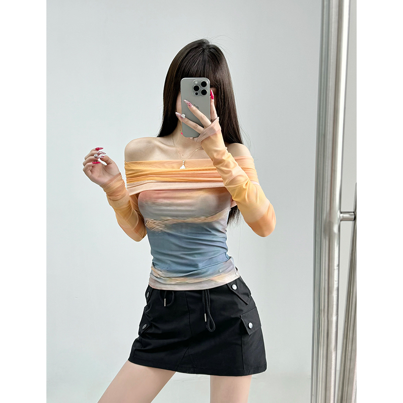 Sunset and Evening Glow~ Mesh Off-The-Shoulder Long-Sleeve Top, Early Autumn Spicy Girl Short High-Waisted Unique Gradient T-Shirt
