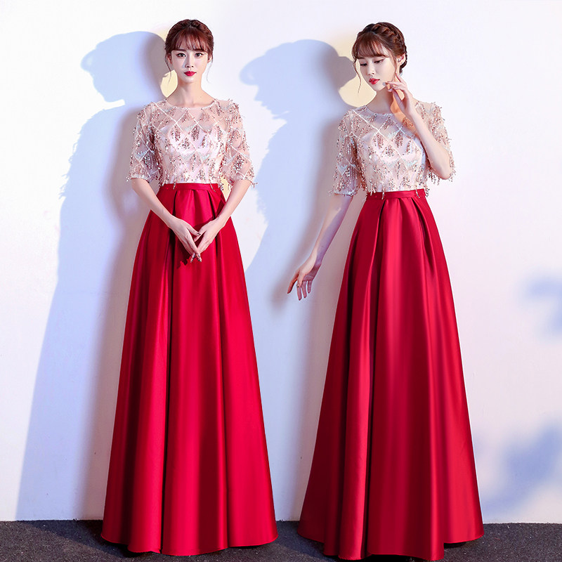 Grand choir performance costume women's long skirt dress 2022 large size new autumn temperament thin red song competition costume