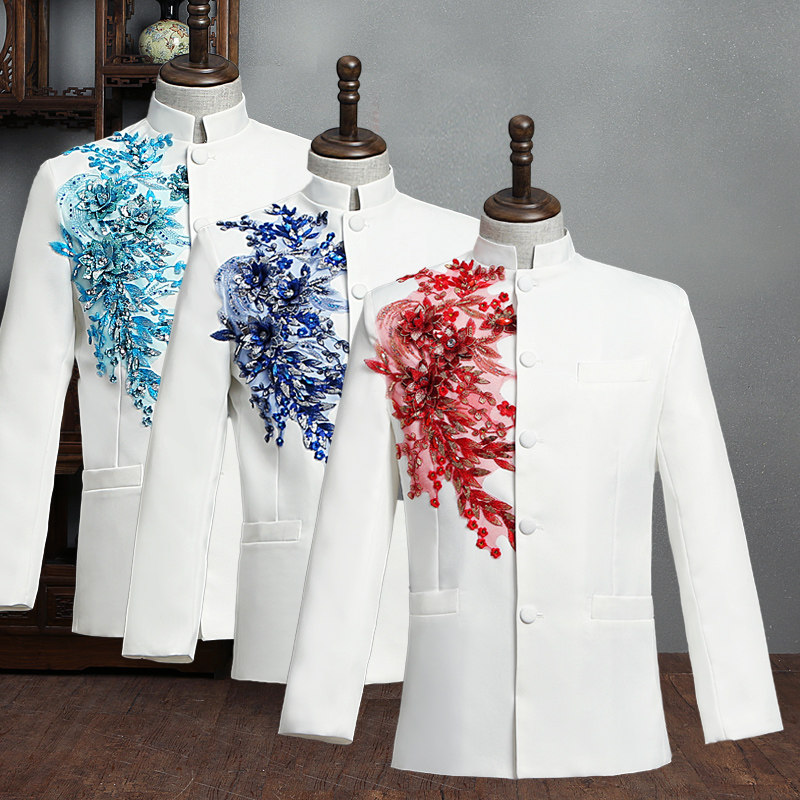 Performance costume male singer host stage suit Zhongshan suit student choir dress embroidery stand collar men's clothing