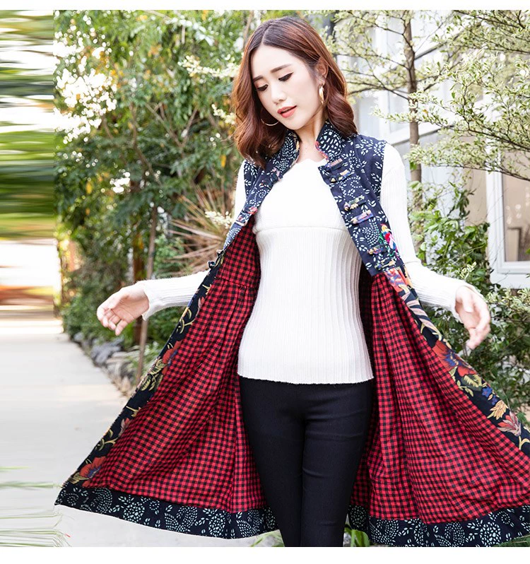 Mùa xuân 2019 của phụ nữ cotton và vải lanh kích thước lớn dài vest vest vest quốc gia áo gió áo vest du lịch - Áo vest