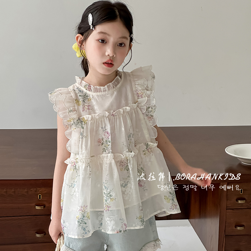 Girls' Floral Babydoll Shirt Summer 2026 New Style Children's Sweet Flutter Sleeve Shirt Little Girl Ruffled Blouse