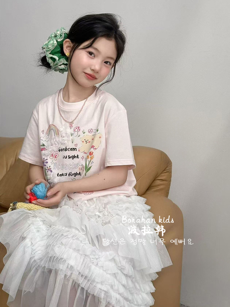 Bora Korean Girls' Sweet T-Shirt, Summer Lace Short-Sleeve Top for Girls, 2026 New Style, Pure Cotton Half-Sleeve Clothing for Older Girls — 2