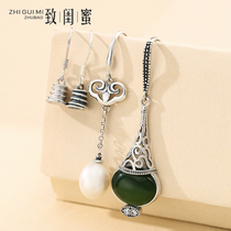S925 Pure Silver Earrings Hollow Tofu Retro China Wind Ear Hook Tox Personality Bulb Eartomewax Round Pearl Earl Decorated Silver