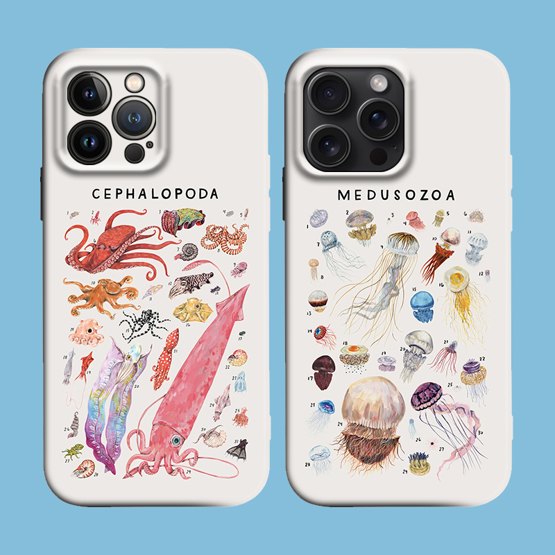 Marine Life Science-Themed Cephalopod, Squid, Octopus, Jellyfish Phone Case Suitable for iPhone 17 Pro Max, Shockproof 16 Pro Soft Case, 15/14 Plus, Apple 13 Mini Phone Case, 12/11
