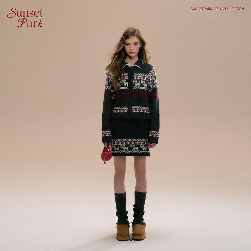 Sunsetpark Sunset Park "Puppy Fair Isle" Dark Gray Retro Knitted Sweater Jacket and Skirt Spring