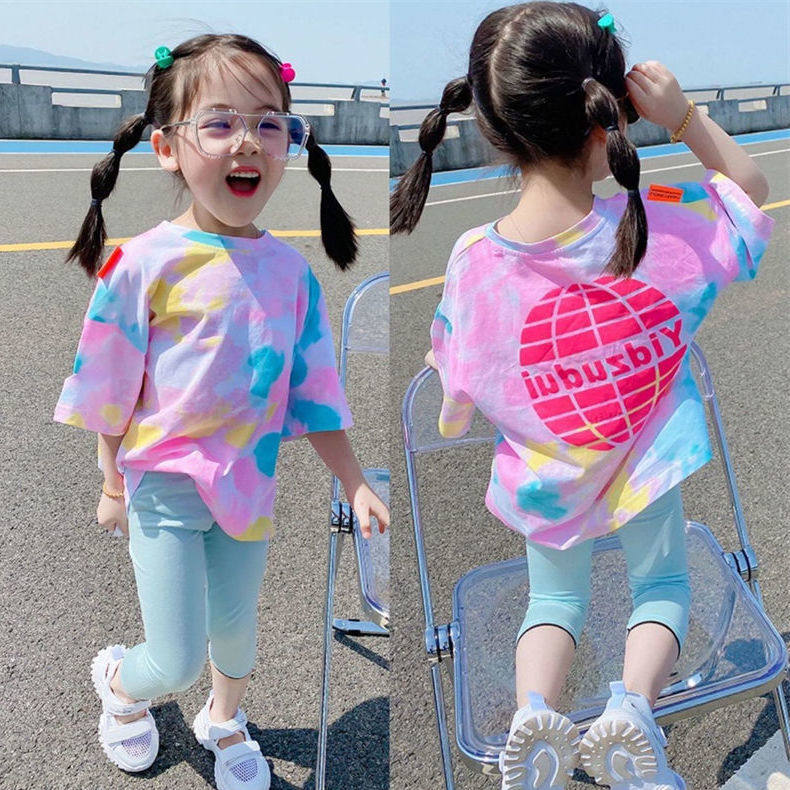 Girls suit summer thin section T-shirt Korean style foreign style children loose baby casual short-sleeved tops leggings tide