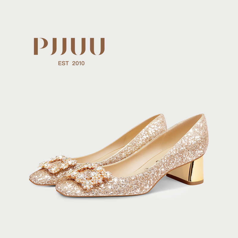 Pjjuu Formal Shoes with Thick Heels, Wedding Shoes 2026, Comfortable Crystal Square-Toe High Heels for Women, Mid-Heel 5cm Single Shoes