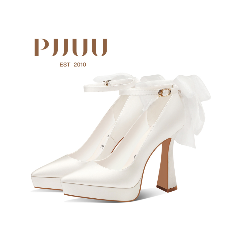 Pjjuu White Gauze White Satin Wedding Shoes Chunky Heel High Heels for Women Stunning Waterproof Platform Bridal Wedding Dress Essential