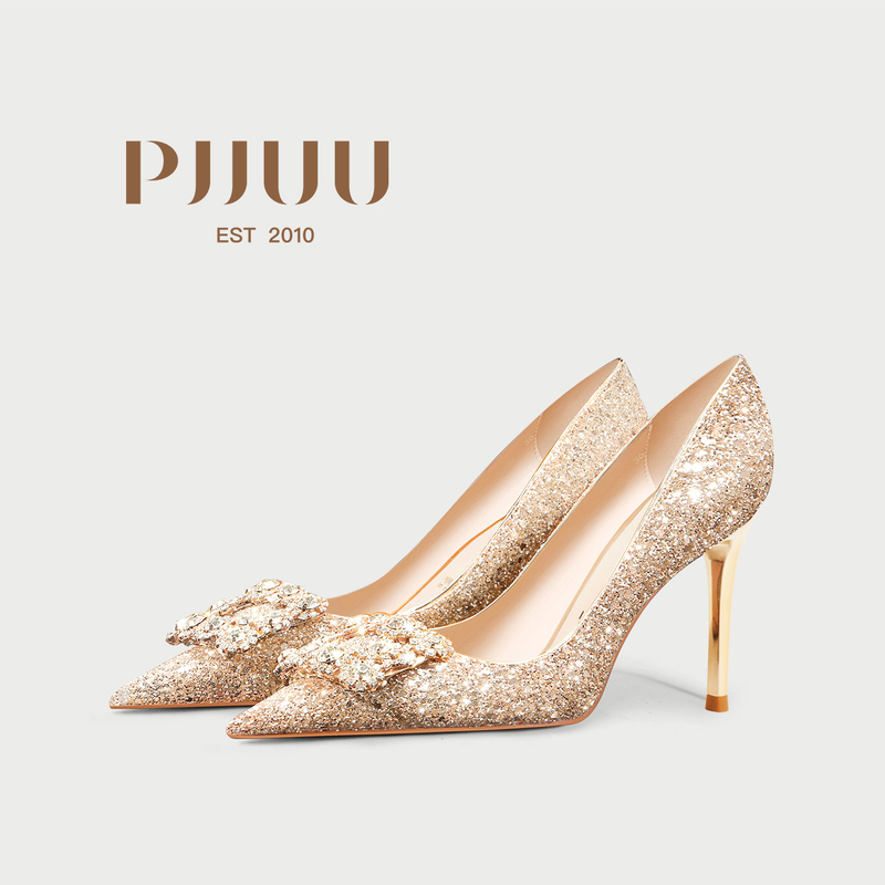 Pjjuu Crystal Shoes, Gold Wedding Shoes, Versatile Bridal Shoes, Square Buckle High Heels, Women's Stiletto Heels