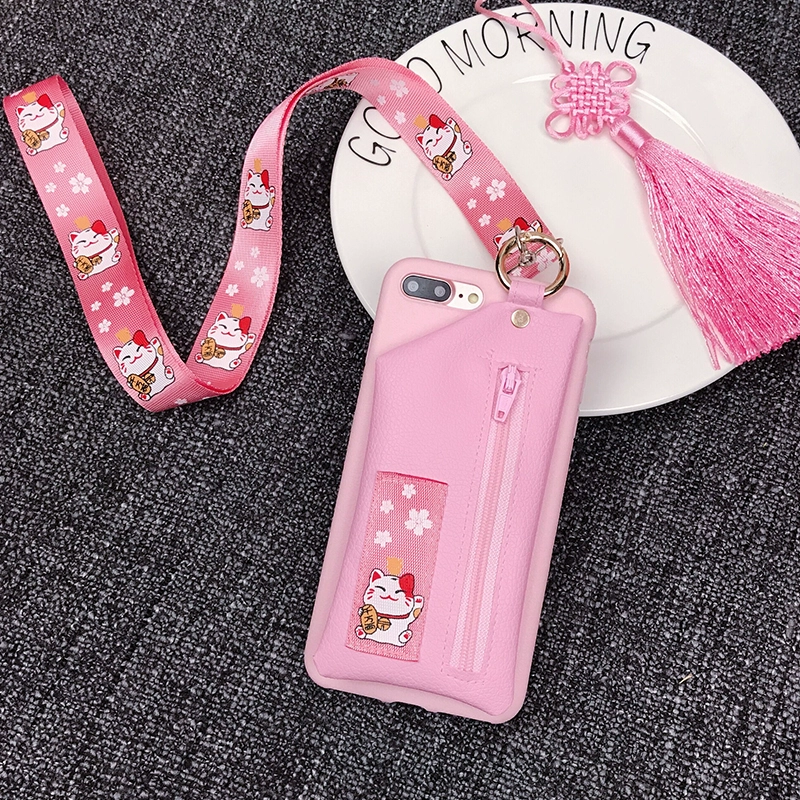 Lucky Cat Purse 8p Mobile Shell Apple 6s Mobile Shell iphone7plus Silicone Leather Case Dây buộc xsmax - Túi điện thoại