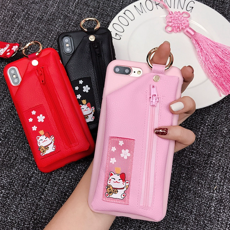 Lucky Cat Purse 8p Mobile Shell Apple 6s Mobile Shell iphone7plus Silicone Leather Case Dây buộc xsmax - Túi điện thoại