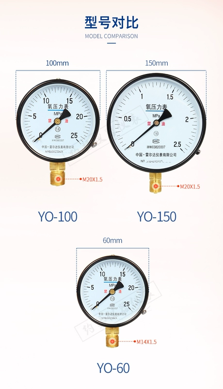 Đồng hồ đo áp suất oxy YO-60 YO-100 YO150 2.5 25mpa không dầu áp suất oxy van giảm áp