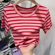 European goods 2022 summer new striped short sleeve T - shirt high waist short design sensibility to wear skinny shirt