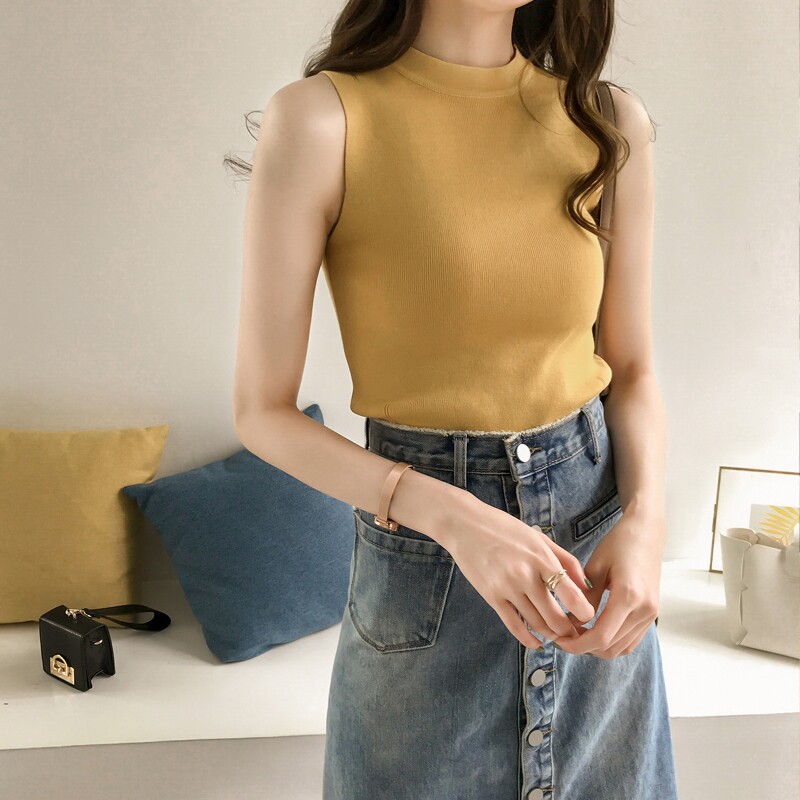 Knitted vest women's summer wear slim-fit mind sleeveless T-shirt Semi-high collar suspender top Inner base shirt top
