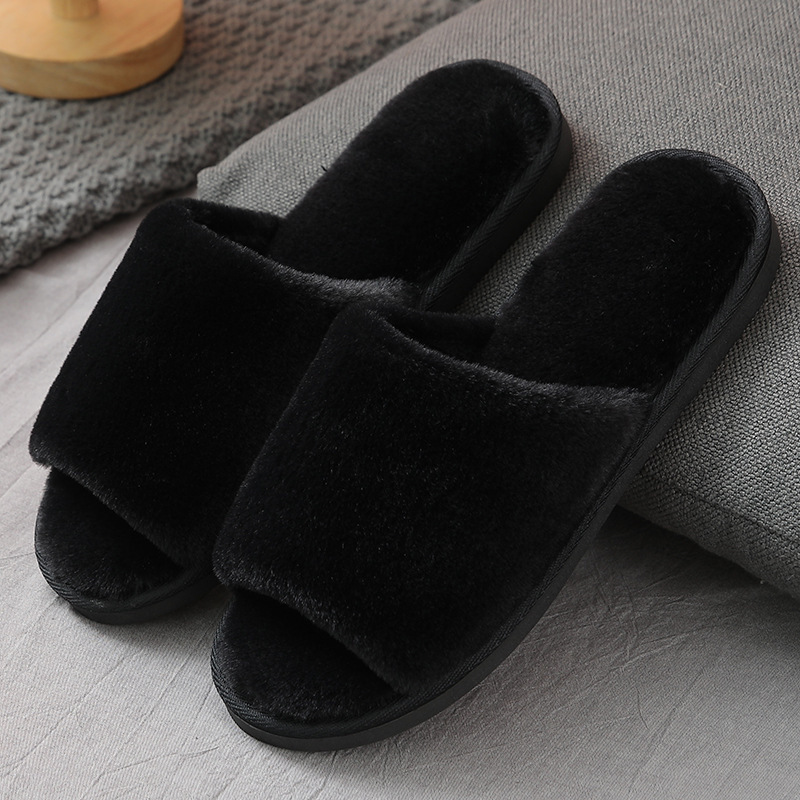Popular Internet-Famous Black Open-Toe Women's Shoes, Plush Slippers for Autumn and Winter, High-End Thick-Soled Non-Slip for Outdoor and Indoor Use