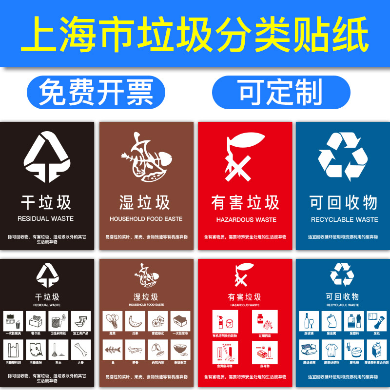 Shanghai garbage classification logo sticker not recyclable dry garbage ID card kindergarten children creative home publicity posters Cartoon Reminder Cards Easy Perishable Shanghai recyclable litter stickers