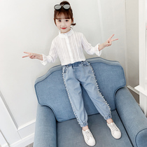 5 Girls' suit spring and autumn costume Children's clothing 4 Girls 3-6 790-year-old white shirt jeans Two sets of foreign gas