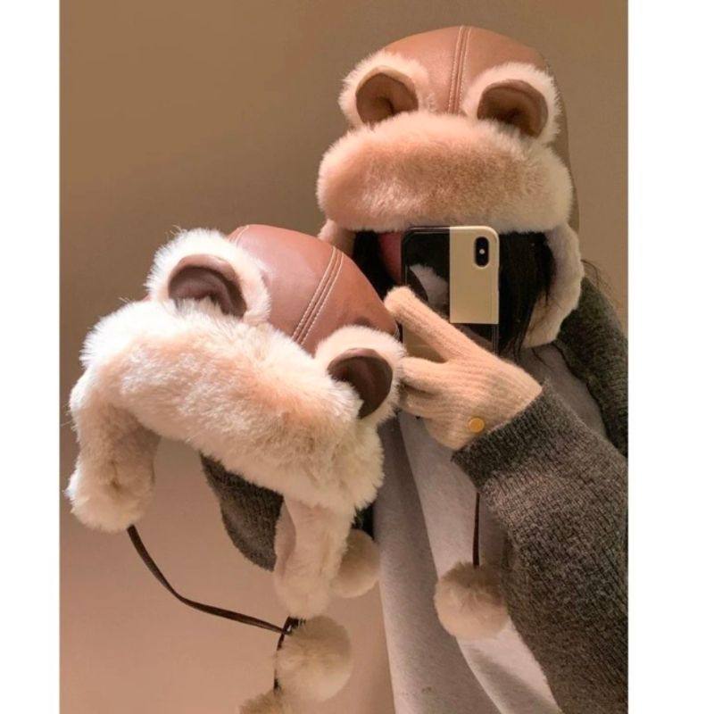 2025 New Style Cute Brown Leather Bear Ear Hat, Lei Feng Hat for Women, Ear Protection, Warm and Thick Plush Hat