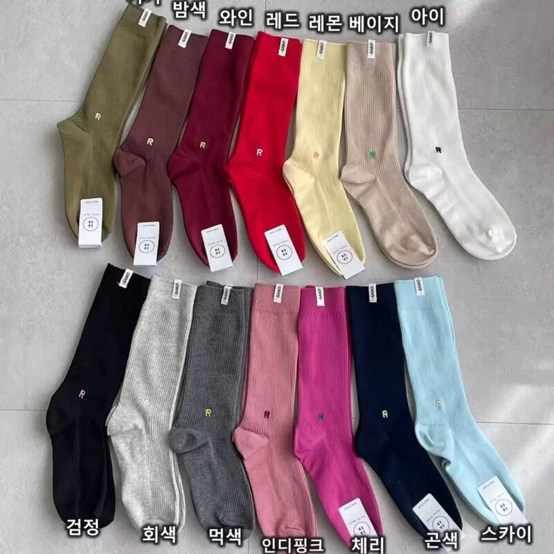 Korean Dongdaemun Women's Socks Saed Autumn and Winter R Label Embroidered Mid-Calf Socks Simple Solid Color Label Socks Ribbed Trendy Socks