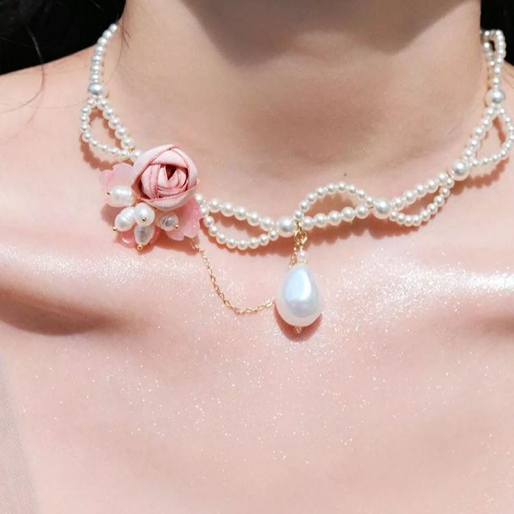 "Dawn" Pink Floral Wavy Lace Pearl Necklace for Women - High-End Niche Choker