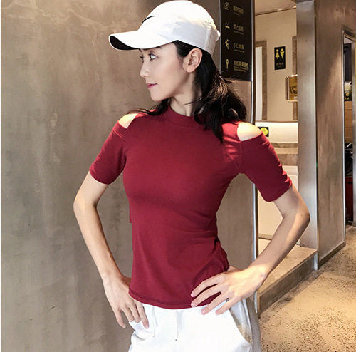 Exposed shoulder reverse sports T-shirt sexy running fitness short sleeve female speed dry yoga clothes half sleeve elastic tops