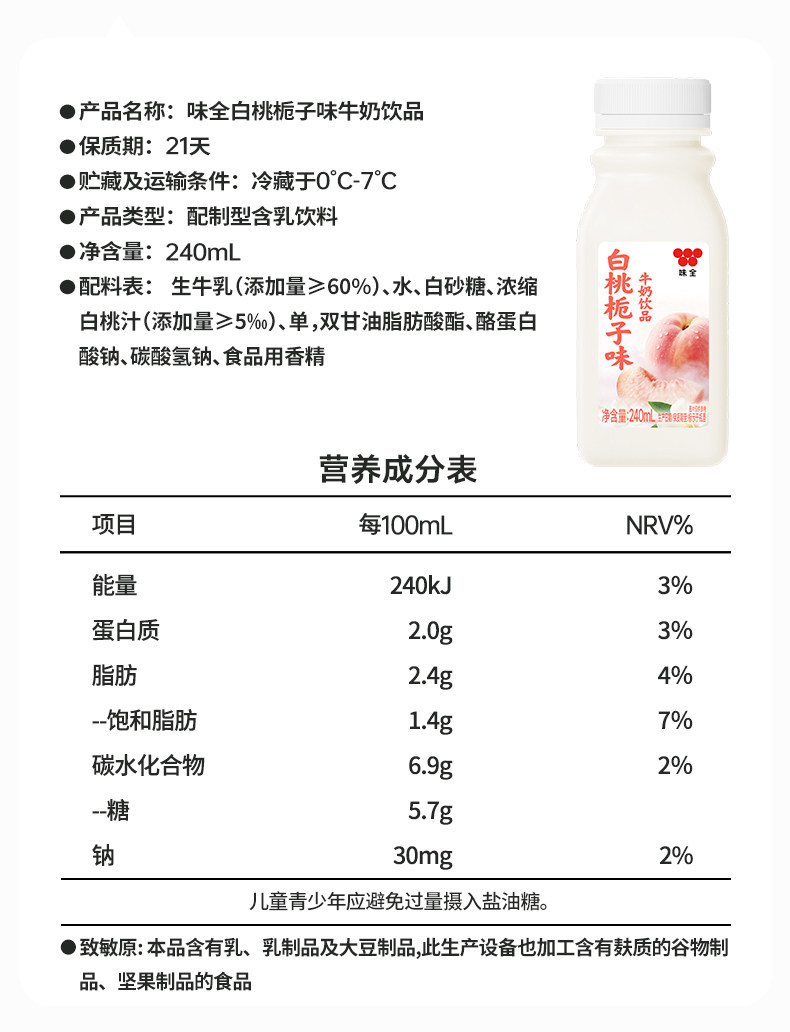 安享好物 安享C级含乳饮料-味全白桃牛奶饮品