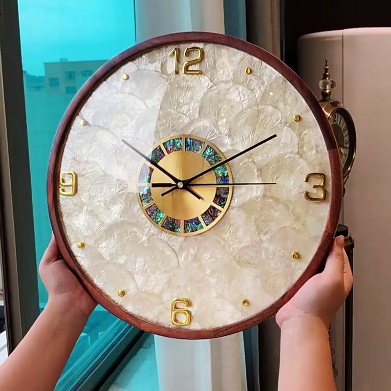 Modern light and luxurious shell clock living room hanging clock home clock hanging wall solid wood 2023 new free punch-Taobao