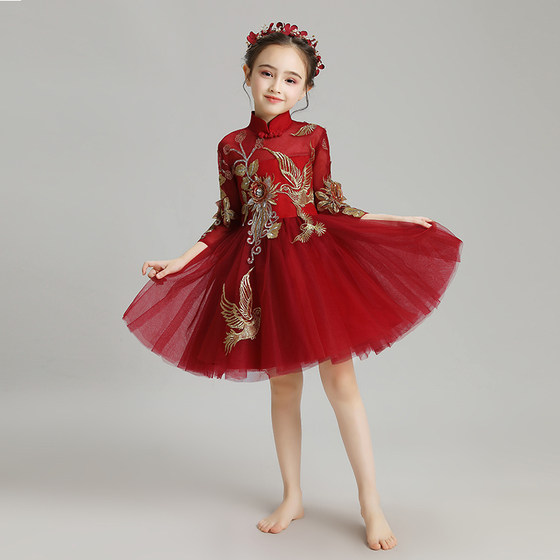 Girls' princess dress, children's evening dress, flower girl, little girl's puffy gauze Chinese host performance costume, long-sleeved and stylish