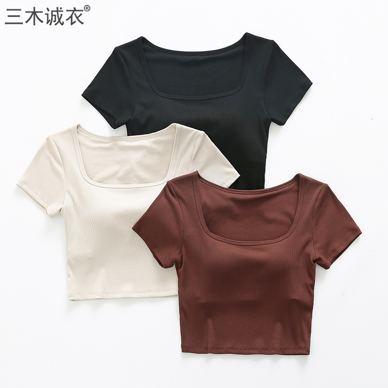 Navel-Baring Short Modal Short-Sleeved T-Shirt with Breast Pads, No Need to Wear a Bra, All-In-One Women's Intimates, White Half-Sleeved Top Navel-Baring Short Modal Short-Sleeved T-Shirt with Breast Pads, No Need to Wear a Bra, All-In-One Women's Intimates, White Half-Sleeved Top