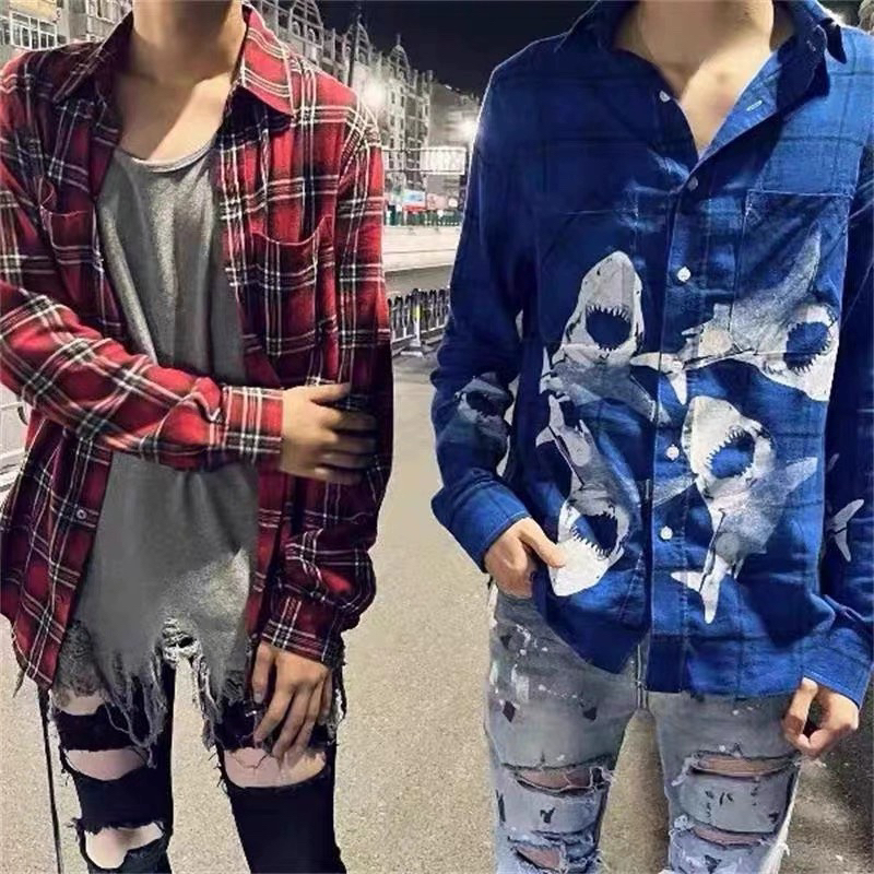 Orange Checkered Blue Shark Shirt, High Street Style, Entry-Level, Suitable for Spring, Summer, and Autumn, Versatile, Slimming, Unisex