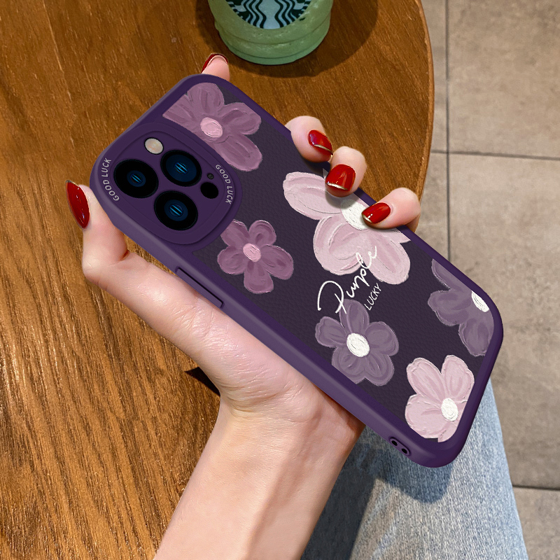 Suitable for Apple 17 Phone Case, Purple Flower Design, iPhone 16 Pro Max Full Coverage, 13 Mini Soft Silicone, 14 Pro Niche, 15 Plus Trendy Brand, Personalized High-End E Case, 11 New Model for Women, 12 Shockproof