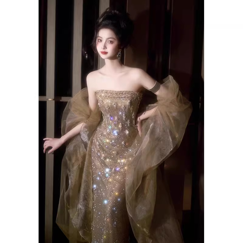 Champagne Gold Shawl Paired with a Dress, 2026 New Style with Trailing Tulle, Bridal Toast Dress, Arm-Covering, High-End and Unique Champagne Gold Shawl Paired with a Dress, 2026 New Style with Trailing Tulle, Bridal Toast Dress, Arm-Covering, High-End and Unique