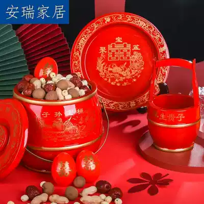 Sun barrel wedding supplies Daquan red small horse mahogany solid wood bride dowry three sets of props housewarming