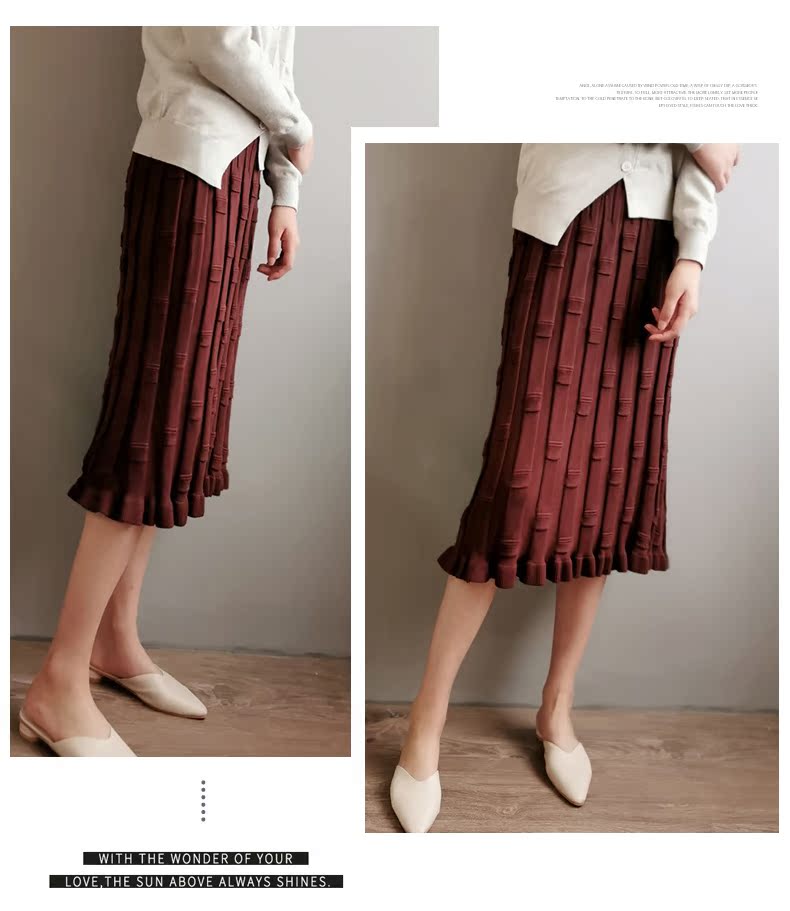 Váy midi nữ dài 2019 thu đông thiết kế mới ý nghĩa thun nhỏ cạp cao cạp cao xếp li váy - Váy chân váy bút chì dài