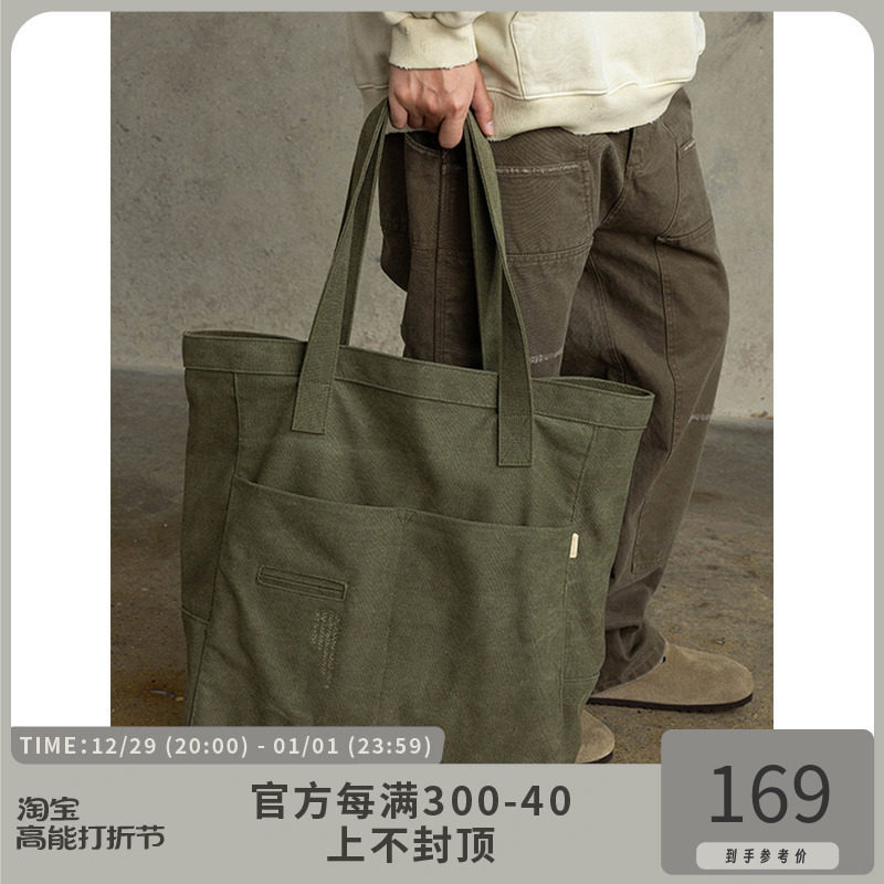 WHIMNOTION 23AW washed as old slogan Embroidery Tote Bag Large Capacity Sail Bag Handbag-Taobao