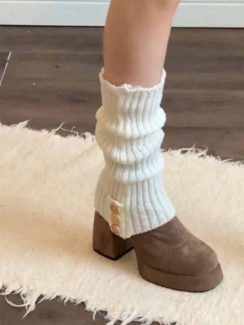 White Slouchy Socks for Women, Spring and Autumn, Knitted with Buttons, Vertical Stripes, Split Design, Warm Leg Warmers, Black Slimming Calf Socks, Winter